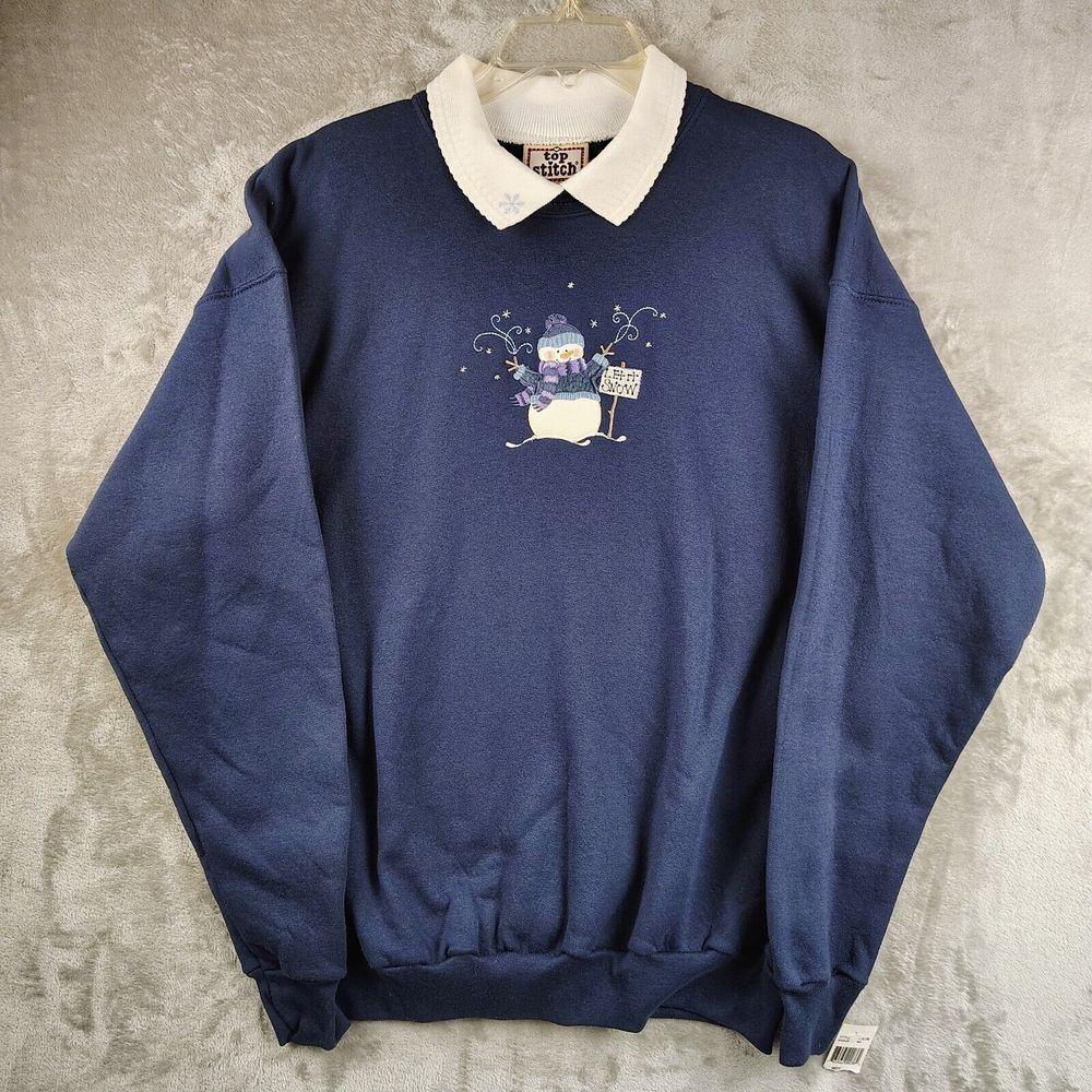 Vintage Snowman Let It Snow‎ Sweater Top Stitch Collared Large NWT Blue